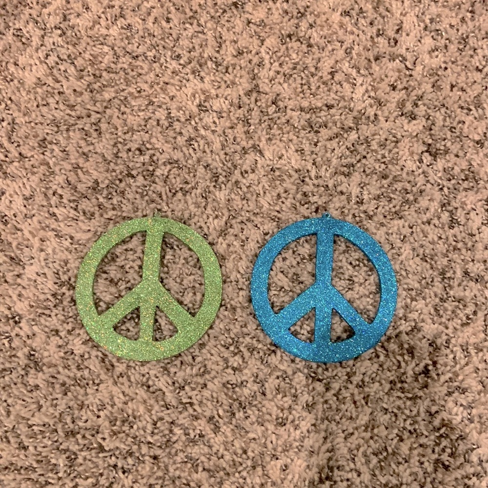 2 - glitter blue and green peace sign ornament w clear string